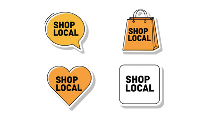 Fototapeta premium Collection of yellow shop local stickers and labels in various shapes like heart and speech bubble to support small businesses and community.