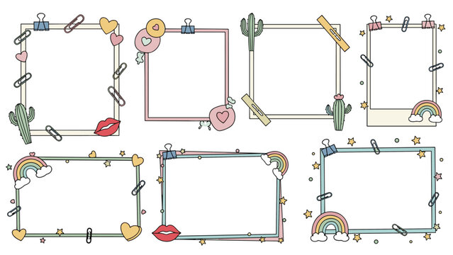 Set of cute decorative photo frames decorated with cactus rainbow hearts and paper clips for scrapbooking and digital journaling projects.
