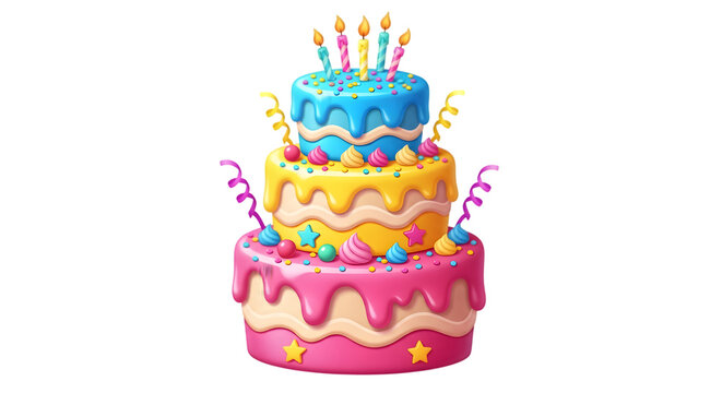 Colorful celebration cake with candles and streamers for a festive birthday party