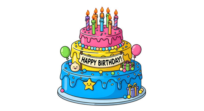 Colorful birthday cake with rainbow candles and blue frosting