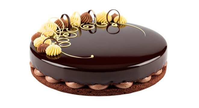 Elegant chocolate cake with golden caramelized topping and decorative garnish