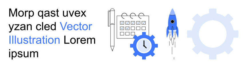 Business strategy, productivity tools, time management, innovation, planning, workflow improvement. Illustration showing a calendar, clock rocket and a gear. Business strategy and productivity