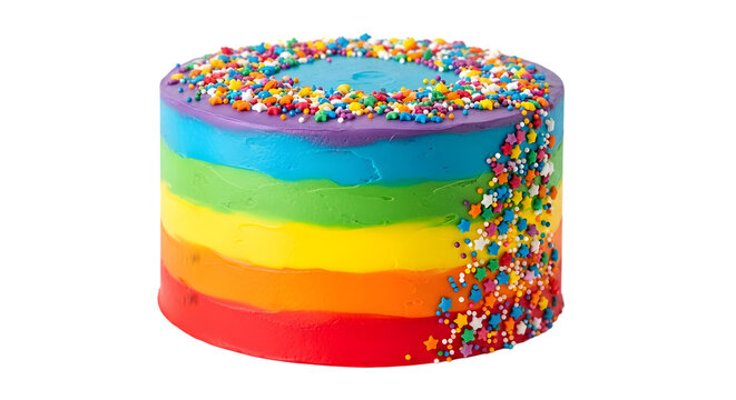 Colorful rainbow sprinkles decorating a cylindrical cake stand in vibrant layers