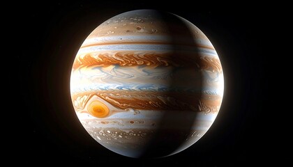 Jupiter with swirling cloud bands and high contrast lighting