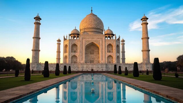 Taj Mahal India at Sunrise Reflection in Water Channel Iconic Monument