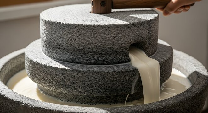 Traditional stone mill grinding fresh organic soy milk with wooden handle