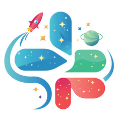 Creative space exploration concept with rocket, planet, and colorful abstract shapes.eps