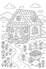 Obraz premium A magical vector scene features a small artistic house nestled in a forest, blending fairytale wonder, creativity, and nature into a charming and imaginative illustration.