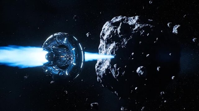 Futuristic Spaceship Engages Asteroid Mining Beam in Deep Space.