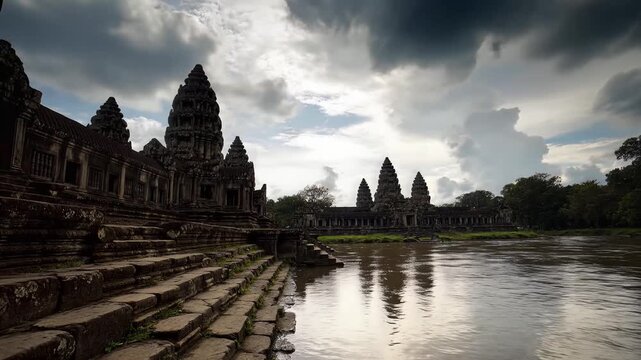 Ancient Angkor Wat Temple reflected in water under dramatic sky
