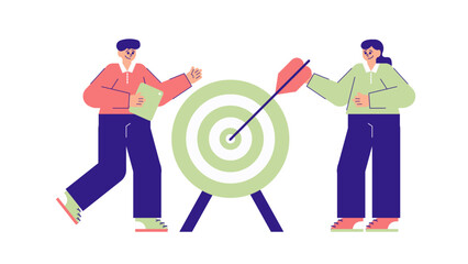 Two people working together to hit a bullseye on a large target representing business goals