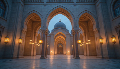 Fototapeta premium Grand stone archways illuminate a serene architectural facade under twilight sky