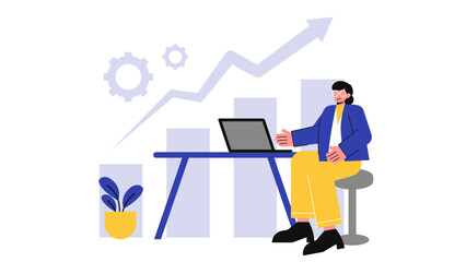 A female professional sitting at a desk with a laptop analyzing a large upward trending graph behind her