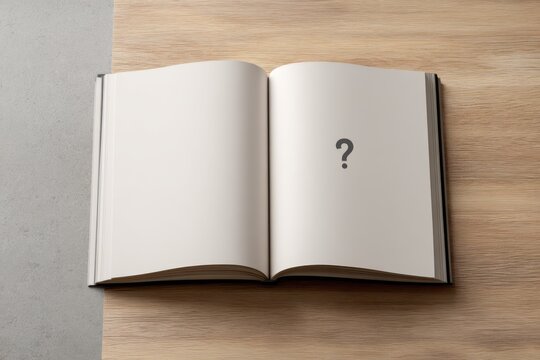 Open book with question mark on blank pages, representing uncertainty, curiosity, and unanswered questions