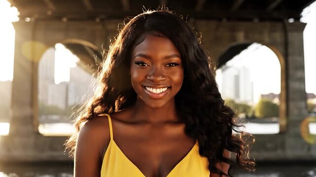 Smiling Black woman in yellow dress with flowing hair, sunlight behind arches