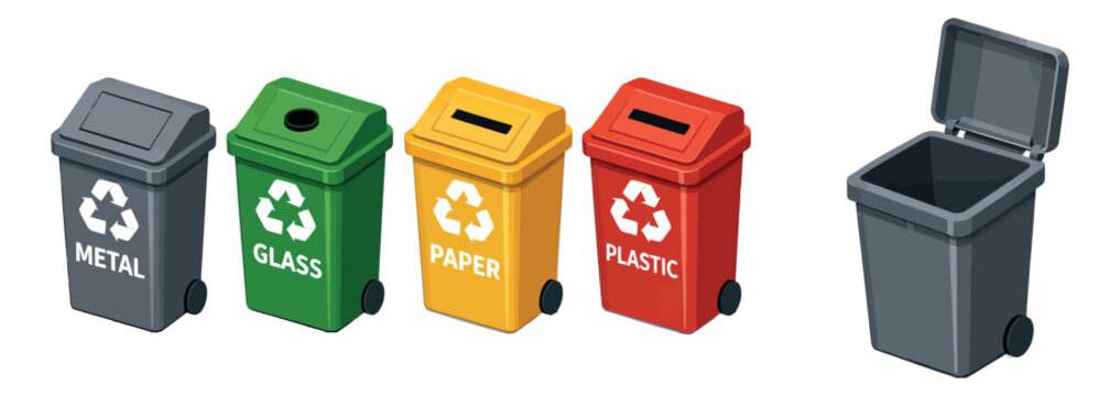 Isometric vector recycling bin set featuring color-coded containers for metal, glass, paper, and plastic for waste sorting and environmental conservation