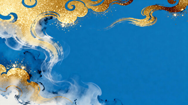 Ink wash Chinese style golden auspicious cloud illustration on blue background