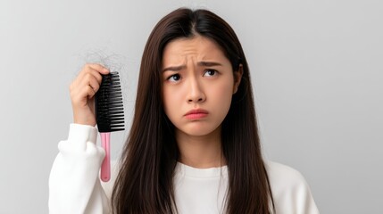 Fototapeta premium Young Asian Woman with Long Hair Holding a Comb and Looking Pensive Against a Neutral Background