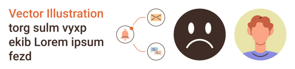 Obraz premium Digital communication, email notifications, human emotions, messaging methods, social interaction, facial expressions. Sad face icon, male avatar message and notifications symbols. Digital