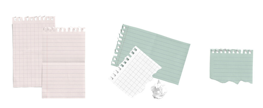a collection of torn paper fragments and ruled note pages in light pink and mint green, creatively arranged on a transparent background, perfect for journaling and design inspiration.