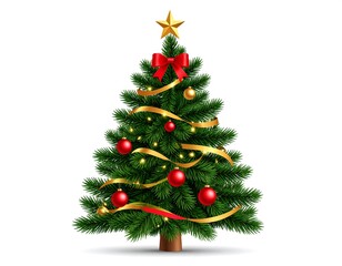 A decorated evergreen tree with ornaments, ribbons, and a star