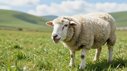 Fototapeta premium White Sheep Grazing in Green Pasture Under Blue Sky