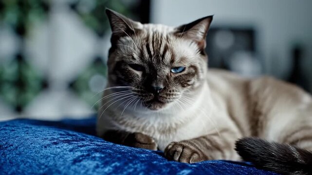 Siamese Cat Lying on Blue Fabric.