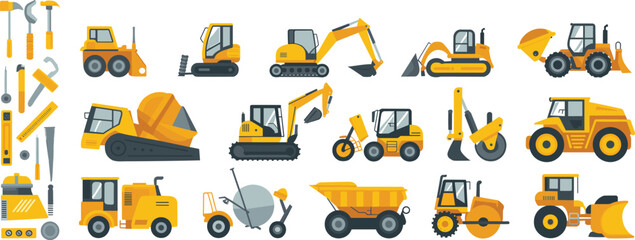 Construction machinery and tools vector icon set featuring excavators loaders dump trucks rollers mixers and equipment for industrial building projects © SREECHNA