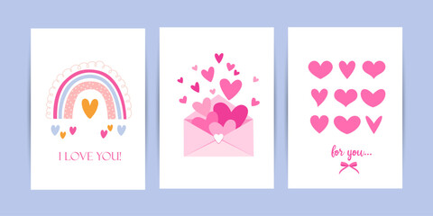 Fototapeta premium Cute Valentine’s Day Greeting Cards Set with Hearts, Love Envelope and Rainbow Illustration, Romantic Flat Design Collection for Love Cards, Wedding, Anniversary, Social Media, Posters etc