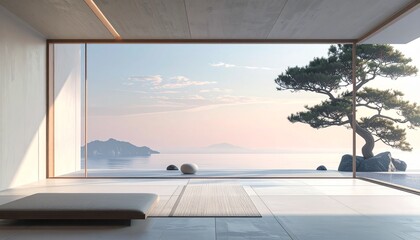 Fototapeta premium Modern Minimalist Room with Serene Ocean View.