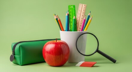 Naklejka premium School supplies including pencils colored pencils magnifying glass and apple