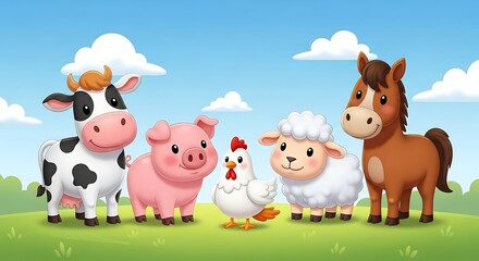 Adorable Farm Animals Smiling Together on a Sunny Day with Clouds.