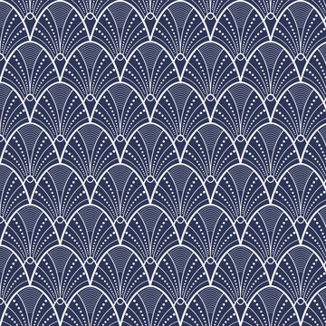 Elegant Art Deco Seamless Pattern with Geometric Fan Shapes on Navy Blue