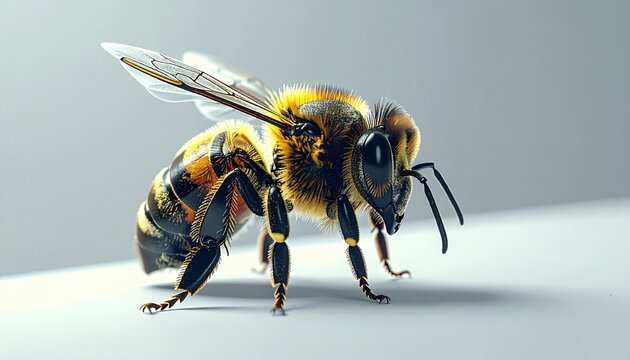 Honeybee close-up on a white background, showcasing intricate details and delicate wings.