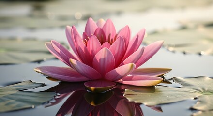 Beautiful Pink Lotus Flower Blooming on Calm Water Surface.