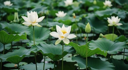 Beautiful White Lotus Flowers Blooming in a Serene Pond Environment.