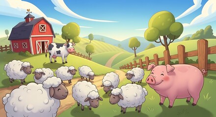 Cartoon Farm Scene - Sheep, Pig, Cow, and Barn in a Picturesque Landscape.
