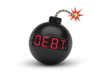 Black bomb with red digital 'DEBT' timer and lit fuse, financial crisis concept, isolated on white