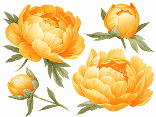Watercolor painting of vibrant yellow and orange peony flowers with green stems © Raju