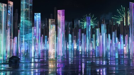 Futuristic Neon Cityscape with Tall Illuminated Skyscrapers at Night