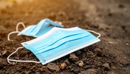 Discarded protective masks lying on the ground, symbolizing pollution and environmental impact of waste