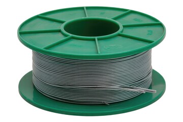 Green plastic spool with thin gray soldering wire or electrical cable, isolated on white