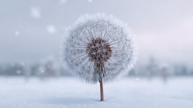 A lone dandelion seed head stands out against the snowfall