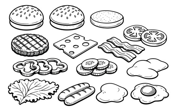 Hand drawn line art fast food ingredients set featuring burger and hot dog components for menu design