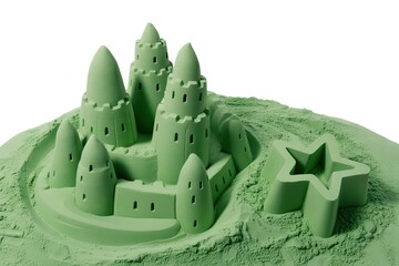 Green sandcastle with multiple towers and star shape, isolated on white
