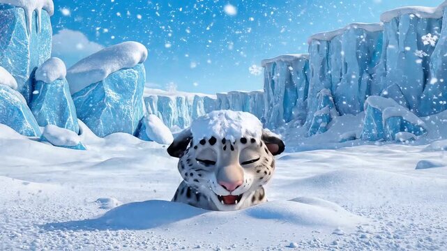 Snow Leopard in Snowy Landscape Winter Scene.