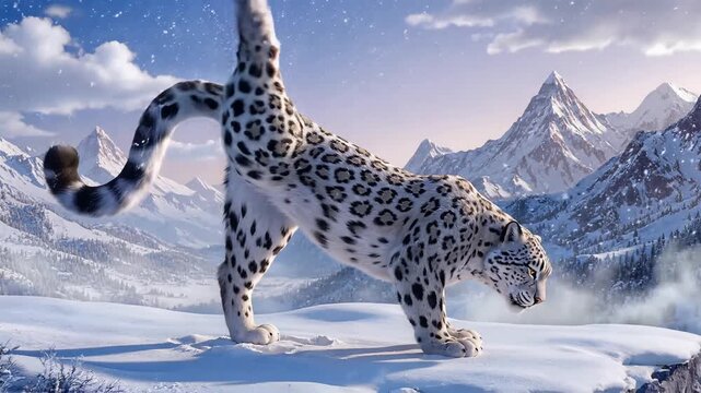 Snow Leopard in Snowy Mountain Landscape.