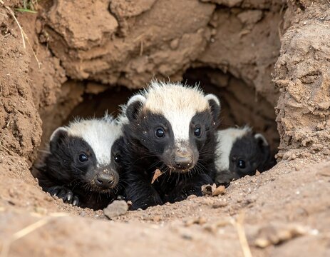 Three skunks in a dirt burrow.