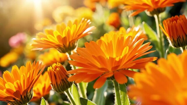Close-up view of vibrant orange calendula petals bathed in warm sunlight, showcasing nature's radiant beauty.