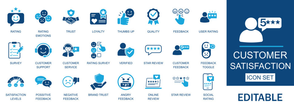 Customer satisfaction solid icon set. Includes feedback, rating, response, review, success, support, survey, trust and support symbols. Solid vector icons for customer experience, apps, and more.